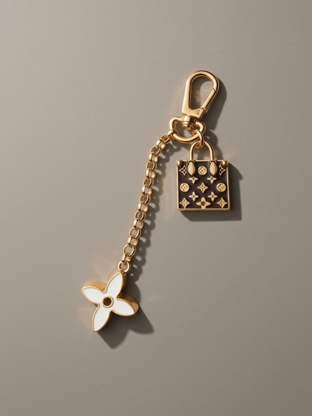 Designer-Inspired Gold and White Floral Bag Charm Keychain